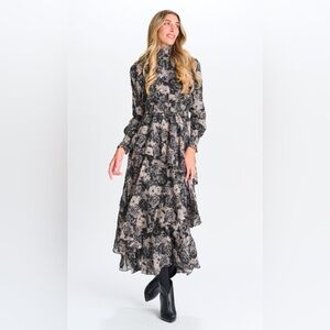 Paper Parachute Floral Smocked Waist Long Sleeve Midi Dress Size M